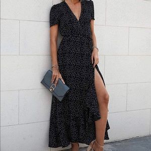 Reformation Style Wrap Dress Navy Polkadots